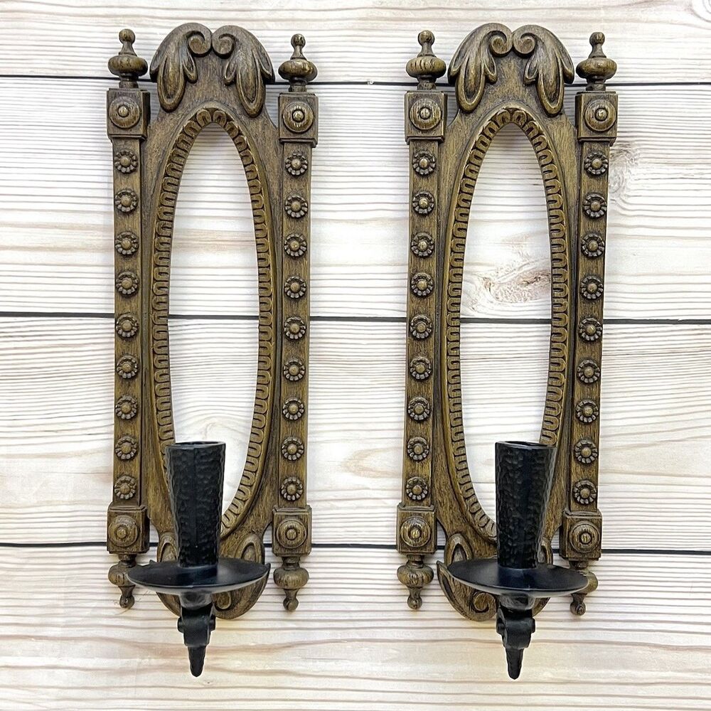 VTG Burwood Madrid Wall Sconce Candle Holder Pair Faux Wood Mediterranean MCM